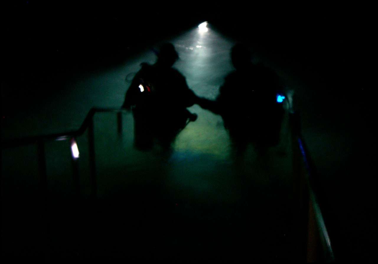 Instructors and Advanced class in a night dive.